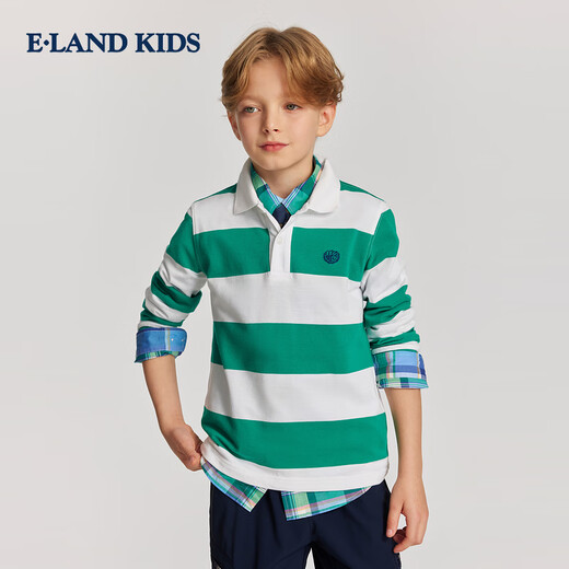 E LAND KIDS pedophile clothing boys' T-shirt 2026 spring new college style embroidered striped POLO shirt L/Blue light blue/51 170