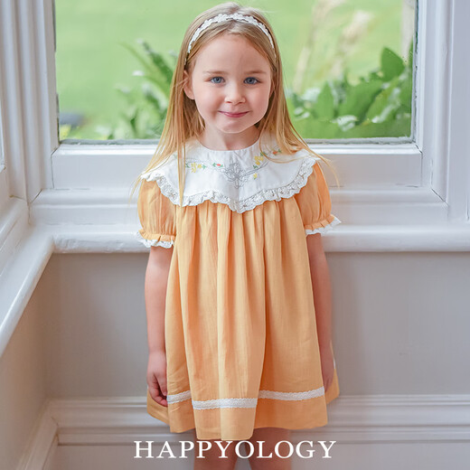 Happyology British girls short-sleeved dress embroidered collar summer skirt British children's princess dress