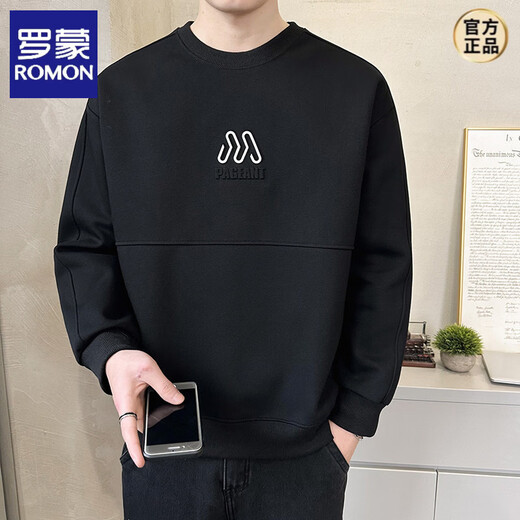 ROMON Men's Sweatshirt New 2026 Spring and Autumn Trendy Brand Three-dimensional Stenciled Embossed Heavy Bottoming Shirt Round Neck Long Sleeve T-shirt Black L