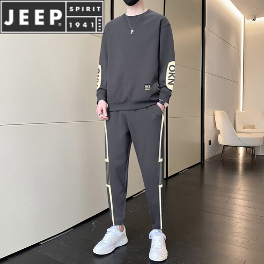 JEEP SPIRIT casual sports suit men's spring and autumn trendy loose round neck pullover long-sleeved sweatshirt running two-piece set black 577 M 90-110Jin Jin equals 0.5 kg