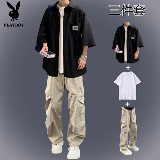 Playboy (PLAYBOY) Japanese waffle short-sleeved shirt casual summer men's set with handsome overalls handsome shirt suit suit label shirt white + short T + overalls gray M recommended 90-110Jin Jin equals 0.5 kg