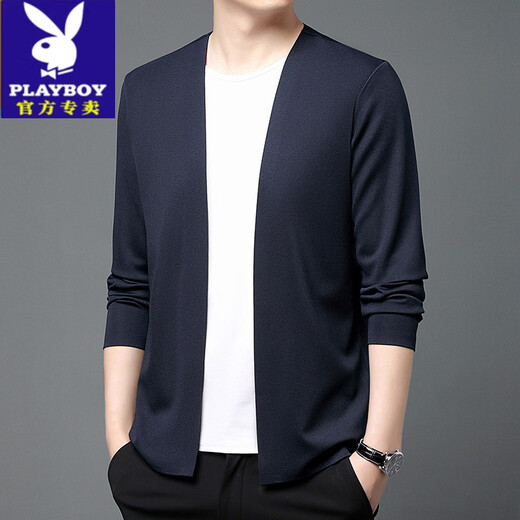 Playboy (PLAYBOY) solid color men's ice silk jacket new middle-aged iron-free seamless sweater business casual cardigan long-sleeved T-shirt for men black S 165