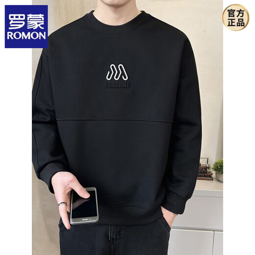 ROMON Men's Sweatshirt New 2026 Spring and Autumn Trendy Brand Three-dimensional Stenciled Embossed Heavy Bottoming Shirt Round Neck Long Sleeve T-shirt Black L