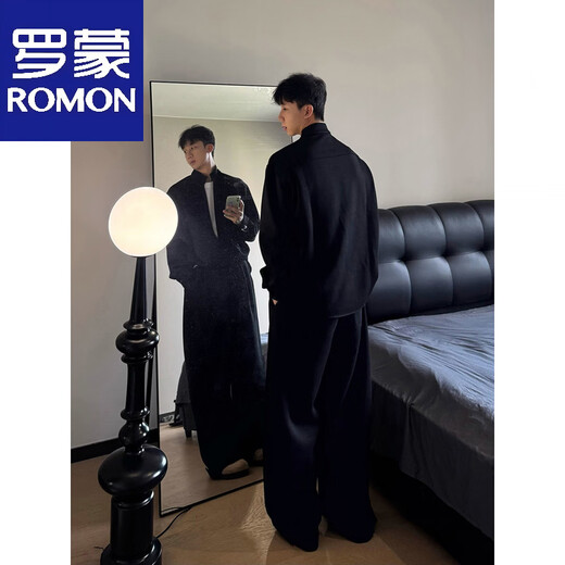 ROMON black fake two-piece V-neck sweatshirt for men, cool and handsome to wear, a complete set of Korean old-money style wide-leg sweatpants, black pants M (suitable)-115Jin Jin is equal to 0.5 kg