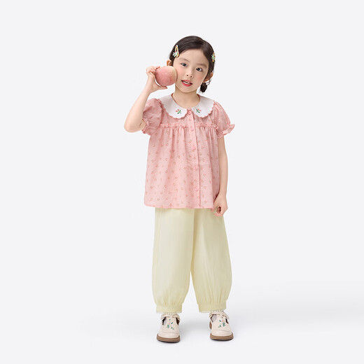 Xiaoyinman baby girl short-sleeved shirt thin section 26 summer girls cute doll collar floral puff sleeve plaid shirt pink 105