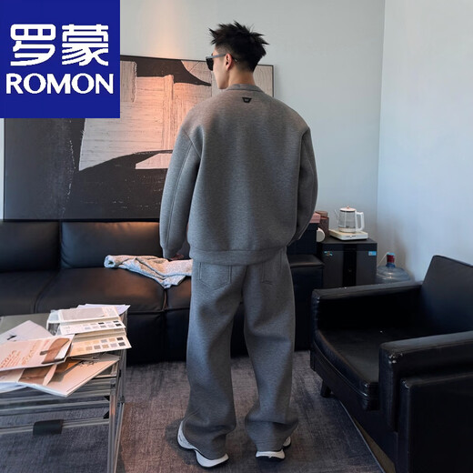 ROMON's new autumn style fake two-piece lazy style sports suit, simple, casual, versatile and trendy couple's two-piece set, gray (suit) M