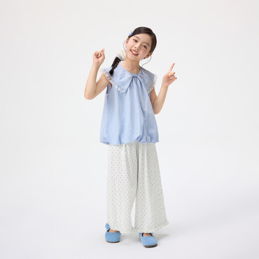 Xiaoyinman children's clothing girls' bow lapel shirt 26 mid-summer big children's bud hem cool and comfortable shirt blue 120