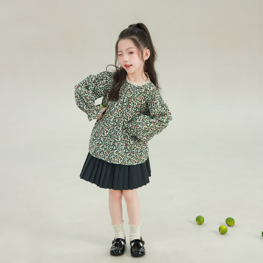 UTOUTO Big Ear Elephant Girls Lace Collar Floral Top 2026 Spring New Baoer Pure Cotton Niche Casual Loose Top Dark Green Spot 80