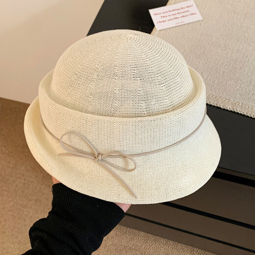 Woodpecker (TUCANO) Elegant Bow Curly Top Hat Women's French Hepburn Style Fisherman Hat Showing Face Small Basin Hat Oatmeal Color Adjustable (56-58cm)