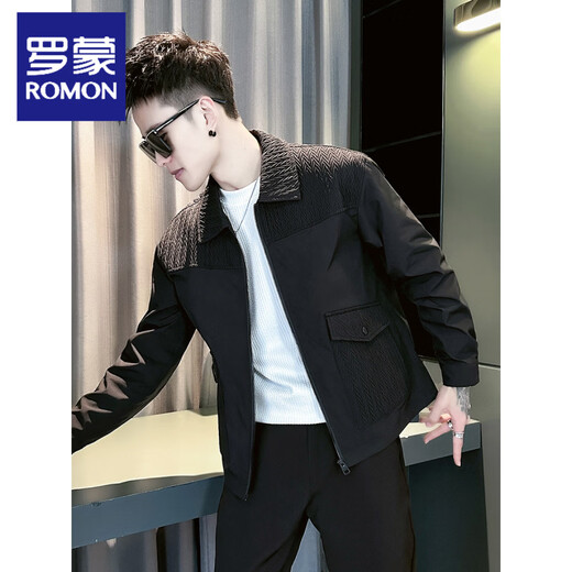 ROMON spring and autumn new trendy brand splicing design lapel jacket men's handsome fashion casual trendy slim jacket black M 90-110Jin Jin equals 0.5 kg