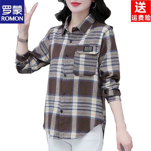 ROMON cotton spring and autumn clothing for middle-aged and elderly mother-in-law tops plaid shirt mother pure cotton shirt women's long sleeve women's loose large size pure cotton purple plaid XL recommended 95-110Jin Jin equals 0.5 kg