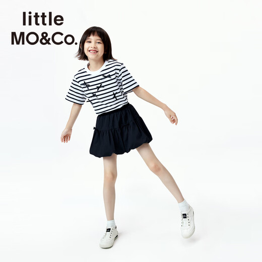 Little MO&Co. pure cotton little moco children's clothing 26 summer new style girls ballet style bow striped short-sleeved T-shirt white and black striped color 110 110/56