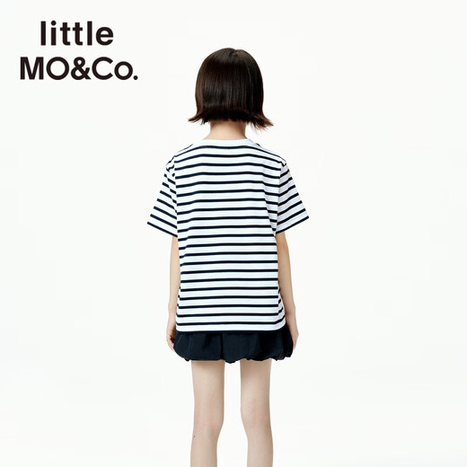 Little MO&Co. pure cotton little moco children's clothing 26 summer new style girls ballet style bow striped short-sleeved T-shirt white and black striped color 110 110/56