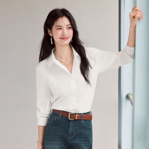 Eveli Jiang Xin's same style anti-wrinkle basic right shoulder version workplace commuting cotton shirt women's 2026 spring new small top white S 80-105Jin Jin equals 0.5 kg