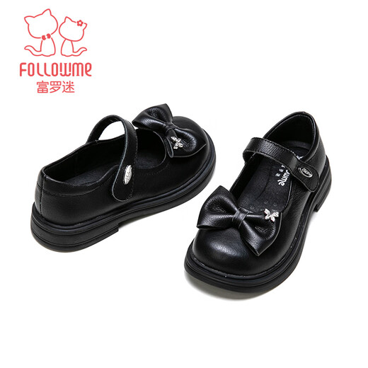 Fuluo Mi Girls Genuine Leather Shoes Spring and Autumn Soft Sole Black Single Shoes for Big Children Bow Princess Shoes Black Single Layer 35