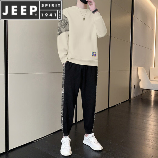 JEEP SPIRIT casual sports suit men's spring and autumn trendy loose round neck pullover long-sleeved sweatshirt running two-piece set black 577 M 90-110Jin Jin equals 0.5 kg