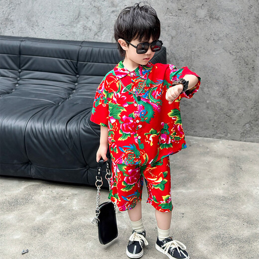 Ultraman boys summer short-sleeved shirt suit 2025 new children's Northeast big flower boy thin clothes baby summer clothes red 90 cm