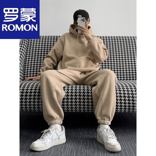 ROMON autumn and winter gray high-end street fashion brand pine velvet thickened couple sweatshirt sports dog men and women walking black - set S