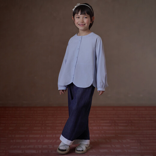 Haqi Children's Clothing Spring Korean Style Loose Cotton Shirt Girls Round Neck Top Girls Spring Clothing 2026 New Blue 150