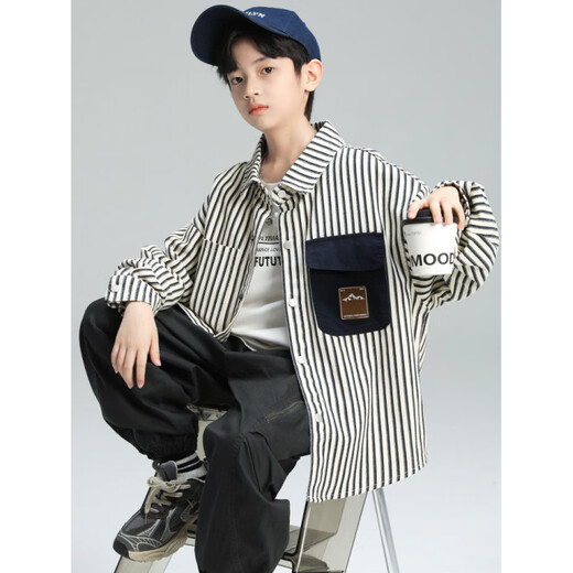 BALA Boys' Spring Striped White Shirt 2026 New Spring Clothing Medium and Large Children Boys Spring and Autumn Lining Blue Stripes 110 cm