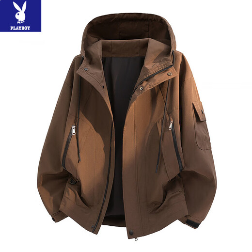 Playboy (PLAYBOY) American deconstructed windproof and wear-resistant hooded work jacket for men in spring and autumn trendy brand crisp casual jacket tops 8662 Coffee M