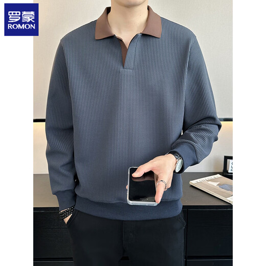 ROMON high-end heavyweight sweatshirt for men spring 2026 new trendy simple versatile long-sleeved polo shirt loose lapel T-shirt gray W022 sweatshirt M (approximately -120Jin Jin is equal to 0.5kg can be worn)