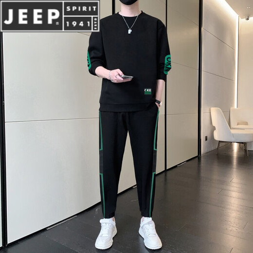 JEEP SPIRIT casual sports suit men's spring and autumn trendy loose round neck pullover long-sleeved sweatshirt running two-piece set black 577 M 90-110Jin Jin equals 0.5 kg