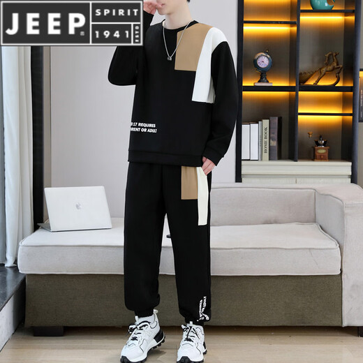 JEEP SPIRIT suit men's spring and autumn casual sports wear set with contrasting color splicing loose long-sleeved thick cotton T with T4 black sweatshirt suit M (about 90-110Jin Jin equals 0.5 kg can be worn)