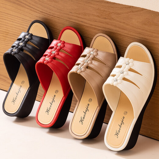 High-heeled women's slippers for summer thick-soled fashion home non-slip mom shoes soft-soled social wedge sandals white 40