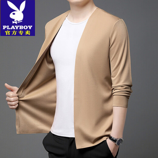 Playboy (PLAYBOY) solid color men's ice silk jacket new middle-aged iron-free seamless sweater business casual cardigan long-sleeved T-shirt for men black S 165