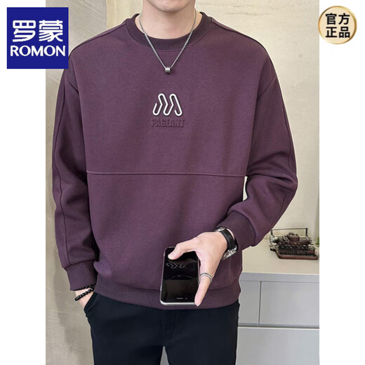 ROMON Men's Sweatshirt New 2026 Spring and Autumn Trendy Brand Three-dimensional Stenciled Embossed Heavy Bottoming Shirt Round Neck Long Sleeve T-shirt Black L
