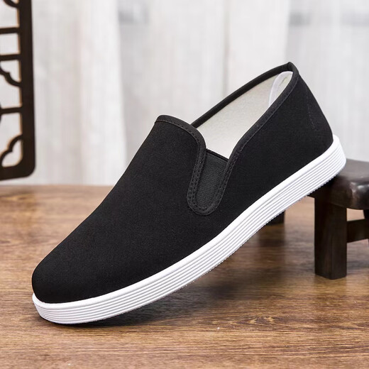 Comfortable and breathable traditional old Beijing cloth shoes with soft soles and non-slip men's single shoes, black cloth shoes, work shoes, black 42, shoe inner length 26CM