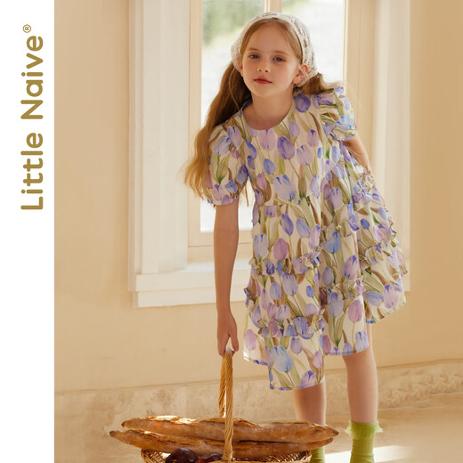 Little Naive medium to large children's short-sleeved dress summer multi-color girl's ear-trimmed pure cotton princess dress tulip purple 150