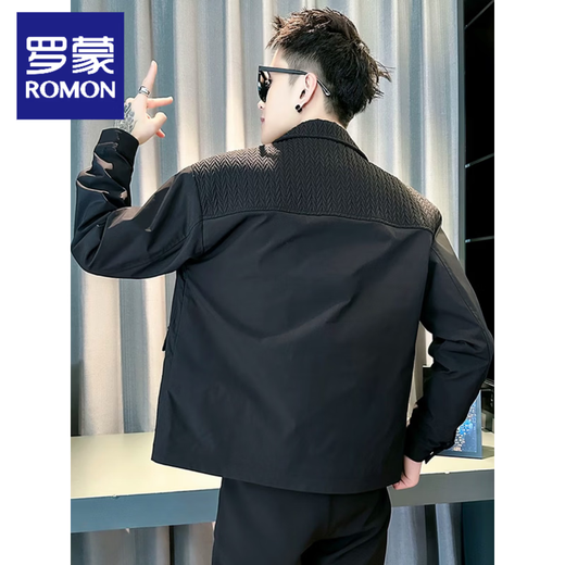 ROMON spring and autumn new trendy brand splicing design lapel jacket men's handsome fashion casual trendy slim jacket black M 90-110Jin Jin equals 0.5 kg