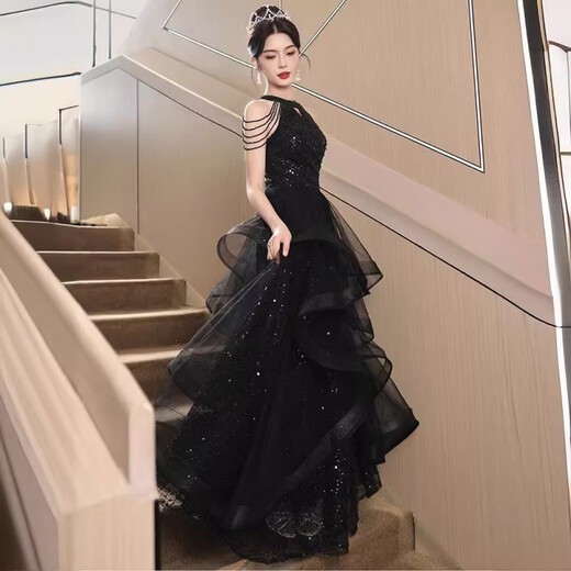 UKUHPK Black Banquet Evening Dress 2026 New Sequined Tassel Puff Skirt Art Exam Annual Meeting Performance Dress Black XL