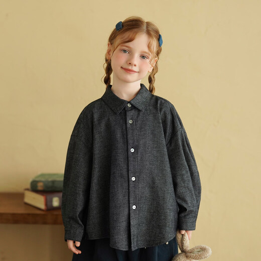Yantaijia girls parent-child linen cotton shirt 2026 spring new baby loose long-sleeved top versatile shirt gray 130