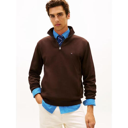 Tommy Hilfiger Tommy Hilfiger Men's Sweater Warm and Comfortable Solid Color Cotton Daily Casual Top Simple 26 New Dark Brown One Size |