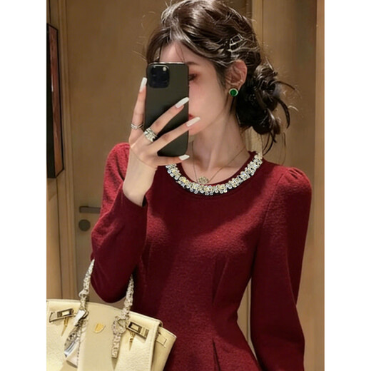 Xiaohongshu gold-embellished diamond red engagement dress for women, autumn and winter long-sleeved petite banquet toast, burgundy M