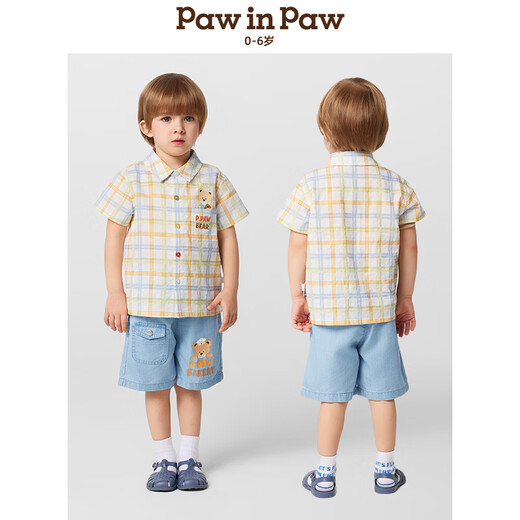 PawinPaw Cartoon Bear Children's Clothing 25 Spring and Summer Boys Lapel Plaid Shirt Mixed Color 110