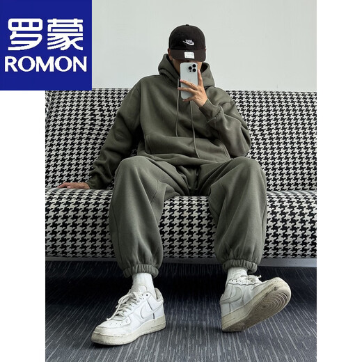 ROMON autumn and winter gray high-end street fashion brand pine velvet thickened couple sweatshirt sports dog men and women walking black - set S