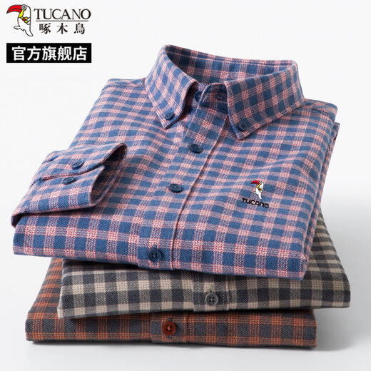 Woodpecker 100 Cotton Woodpecker Men's Long Sleeve Shirt Spring and Autumn Thin Plaid Loose No-Iron Thin Shirt Men's C Amber Red Plaid 100% Cotton S Recommended 90-120Jin Jin equals 0.5 kg