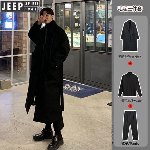JEEP SPIRIT winter woolen coat men's thickened windbreaker mid-length knee-length Korean style double-sided cashmere woolen coat trend suit gray coat/sweater/suit pants S