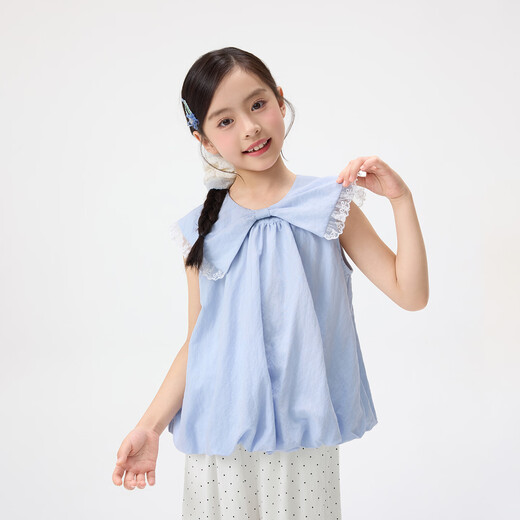 Xiaoyinman children's clothing girls' bow lapel shirt 26 mid-summer big children's bud hem cool and comfortable shirt blue 120
