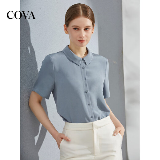 COVA international first-line brand 2026 summer new style 6 level 00 mulberry silk top 30mm heavy silk shirt haze blue S