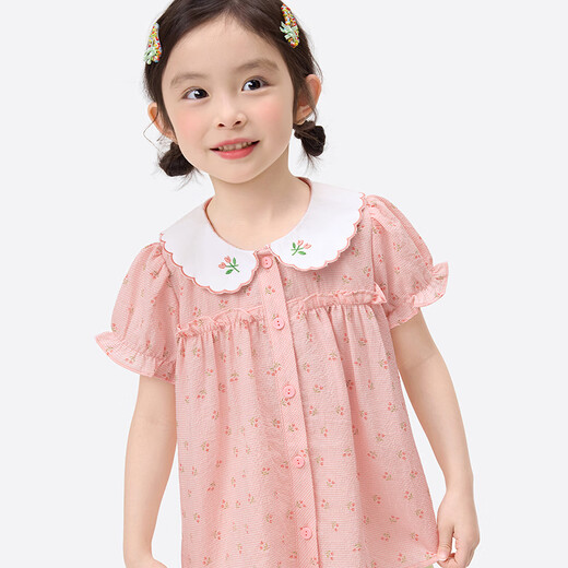 Xiaoyinman baby girl short-sleeved shirt thin section 26 summer girls cute doll collar floral puff sleeve plaid shirt pink 105
