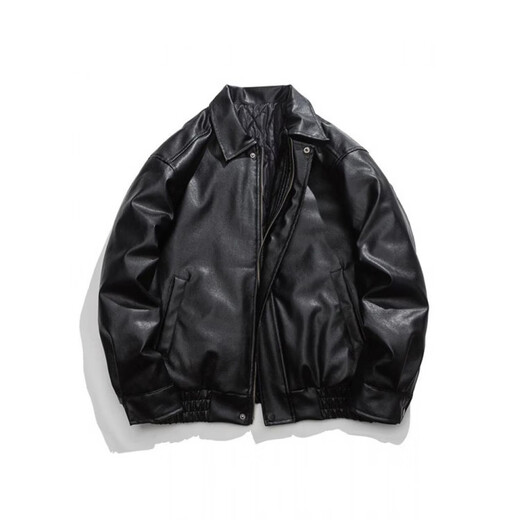 YISHion official flagship model Japanese solid color motorcycle bomber jacket men's American retro loose PU leather jacket autumn and winter clip black quilted thickened M