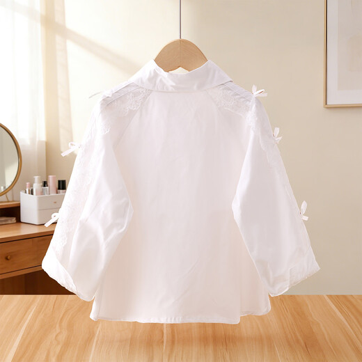 JD Logistics Children's Clothing Girls White Shirt Children's Spring Fashion Versatile Lace Shirt Spring and Autumn Top White 140 Recommended height 130cm-140cm