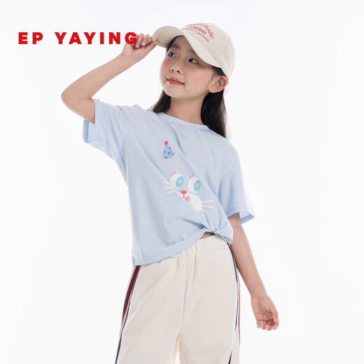 EP YAYING (EP YAYING) Shopping mall same style EP Yaying children's clothing 2026 summer girls new cute and fun expression printed casual T-shirt blue 160