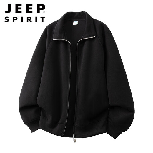 JEEP SPIRIT American solid color heavyweight stand-up collar cardigan 2026 new sweatshirt men's spring loose couple sports coat jacket hemp gray M