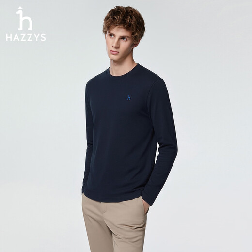 HAZZYS Men's 2026 Spring New Pullover Solid Color Men's Tops Round Neck Long Sleeve T-Shirt Men ABTZE0DAE06 Navy Blue NV M (170/92A 46)
